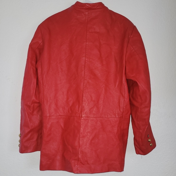 Manart Red Leather Coat Jacket Women's Button Down Lined Pockets Size Large - Picture 6 of 12